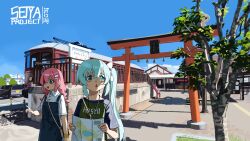 2girls absurdres bag blue_dress blue_eyes blue_hair bow braid car day dress hair_bow hair_ornament hairclip highres holding holding_map jewelry krisame_amane low_twin_braids map motor_vehicle multiple_girls necklace open_mouth original outdoors pinafore_dress pink_hair pointing rope scenery shadow shimenawa shirt short_sleeves side_ponytail sidelighting sleeveless sleeveless_dress streetcar torii tree twin_braids white_bow white_shirt