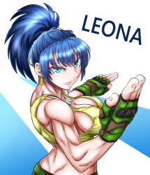 1girl blue_eyes blue_hair breasts butt_crack curvy earrings female_focus from_behind gloves huge_breasts jewelry large_breasts leona_heidern long_hair looking_at_viewer looking_back military pale_skin pants shirt standing tank_top the_king_of_fighters