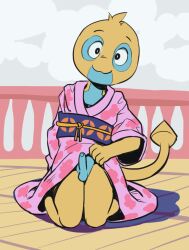 1boy apis crossdressing crossdressing_(mtf) dunsparce flashing furry gen_2_pokemon japanese_clothes kimono kneeling male_focus monster_boy nintendo penis pokemon pokemon_(creature) shota solo tail testicles