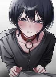 1boy absurdres arata20250328 black_hair black_shirt blue_eyes blush chain chain_leash clenched_hands collar collarbone commentary_request hair_between_eyes highres leash long_sleeves male_focus original parted_lips pov raised_inner_eyebrows red_collar shirt short_hair simple_background solo tearing_up tears upper_body