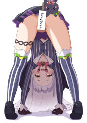 &gt;_&lt; 1girl 264_(user_ffyd3374) :3 absurdres black_gloves black_shoes blush blush_stickers cat censored character_censor commentary_request flat_chest from_behind gloves highres hololive long_hair looking_at_viewer looking_through_own_legs murasaki_shion murasaki_shion_(1st_costume) neck_ribbon no_panties novelty_censor open_mouth purple_hair ribbon shiokko_(murasaki_shion) shirt shoe_soles shoes sign simple_background skirt smile solo spread_legs star_ornament stretching striped_clothes striped_shirt striped_thighhighs thigh_strap thighhighs tiptoes upskirt vertical-striped_clothes vertical-striped_shirt virtual_youtuber yellow_eyes