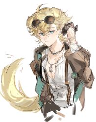 1boy ahoge ambience_synesthesia animal_ears arknights black_gloves blonde_hair blue_eyes bracelet brown_jacket closed_mouth collarbone collared_shirt dog_boy dog_ears dog_tags dog_tail ear_piercing earrings eyewear_on_head gloves green_scarf hair_between_eyes hand_up highres jacket jewelry looking_at_viewer male_focus messy_hair multiple_necklaces necklace open_clothes open_jacket open_shirt piercing scarf shirt solo striped_clothes striped_shirt sunglasses suspenders tail tail_wagging tequila_(arknights) tequila_(cardwinner)_(arknights) thick_eyebrows upper_body yaozhuanadv