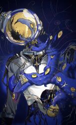 Rule 34 | 1boy, blue background, cable, ferrofluid, fishbowl helmet, highres, id card, jumpsuit, male focus, object head, reverse:1999, solo, tentacles, ulrich (reverse:1999), upper body, white jumpsuit, wutang maicha 1000cc