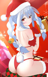 1girl absurdres alternate_costume animal_ears ass blue_hair bow box braid carrot_hair_ornament christmas closed_mouth commentary_request feet_out_of_frame food-themed_hair_ornament fur-trimmed_gloves fur-trimmed_headwear fur-trimmed_thighhighs fur_trim gift gift_box gloves hair_bow hair_ornament hat highres hololive johnny_0716 long_hair looking_at_viewer looking_back multicolored_hair panties rabbit-shaped_pupils rabbit_ears rabbit_girl rabbit_tail red_eyes red_gloves red_panties red_thighhighs santa_costume santa_hat sidelocks sitting smile solo streaked_hair symbol-shaped_pupils tail thighhighs thong twin_braids underwear usada_pekora virtual_youtuber white_bow white_hair