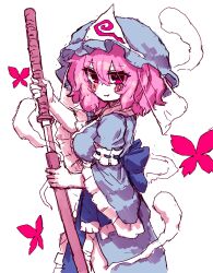 1girl absurdres blue_hat blue_kimono blush breasts bug butterfly closed_mouth frilled_kimono frills from_side ghost hashtag-only_commentary hat highres insect japanese_clothes kimono long_sleeves mob_cap pink_hair rampa93 saigyouji_yuyuko sheath short_hair simple_background smile solo touhou triangular_headpiece unsheathing white_background wide_sleeves
