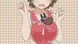 10s 1boy 1girl animated animated_gif apron blush bouncing_breasts breasts chibi dancing heart_apron nakazawa_minori naked_apron no-rin