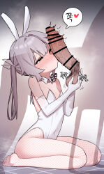 2boys animal_ears bar_censor bare_shoulders blush bow caressing_testicles censored elbow_gloves erection fake_animal_ears from_side gloves grey_hair hair_bow highres ikr_(artist) kissing_penis leotard long_hair male_focus male_playboy_bunny multiple_boys penis rabbit_ears sitting solo_focus speech_bubble testicles tongkkangi tongkkangi_(streamer) trap white_gloves white_leotard yaoi yellow_eyes