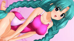 1girl absurdres aqua_hair barefoot braid breasts canal_vorfeed cleavage collarbone competition_swimsuit covered_erect_nipples covered_navel dutch_angle facial_mark forehead_mark highres large_breasts looking_at_viewer lost_universe multicolored_swimsuit one-piece_swimsuit pink_one-piece_swimsuit purple_eyes seiza sitting solo sugimura_tomokazu swimsuit twin_braids v_arms