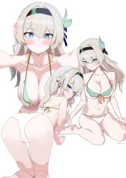 1girl :t absurdres alternate_costume ass bare_shoulders bikini black_hairband blush breasts cleavage collarbone firefly_(honkai:_star_rail) grey_hair hair_between_eyes hair_ornament hairband highres honkai:_star_rail honkai_(series) large_breasts long_hair looking_at_viewer navel pink_eyes pout simple_background smile stomach swimsuit tapioca_1022 white_background white_bikini