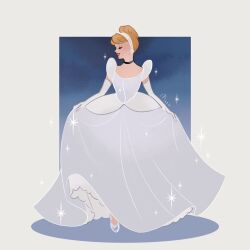 1girl ball_gown blonde_hair blue_dress choker cinderella_(disney_character) cinderella_(disney_movie) closed_mouth dress earrings elbow_gloves full_body glass_slipper gloves gown hair_bun hairband jewelry meecosme princess short_hair smile solo