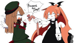 &gt;_&lt; 2girls ^_^ angel angel_wings animal beret black_dress blush_stickers brown_hair closed_eyes colored_skin demon_girl dress english_text funamusea funamusea_(style) green_headwear green_sailor_collar green_shirt green_skirt haiiro_teien hair_between_eyes hat head_wings holding holding_animal kisaragi_kaya long_hair macarona_(funamusea) multiple_girls open_mouth parody pink_hair pleated_skirt pointy_ears rawberry_preserves sailor_collar screaming shirt sidelocks simple_background skirt smile style_parody sweat white_background white_skin white_sleeves wings worm
