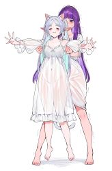 2girls absurdres animal_ears barefoot blush carrying carrying_person cat_ears closed_eyes closed_mouth dress elf fern_(sousou_no_frieren) frieren full_body highres long_hair long_sleeves multiple_girls pointy_ears purple_eyes purple_hair qiandaiyiyu see-through_clothes see-through_dress simple_background smile sousou_no_frieren standing thick_eyebrows white_background white_dress