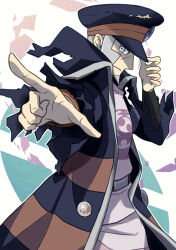 1boy belt belt_buckle black_coat black_hat bracelet buckle buttons closed_mouth coat commentary_request facial_hair goatee grey_eyes grey_hair hand_on_headwear hat highres ingo_(pokemon) jacket jewelry male_focus nintendo open_clothes open_coat peaked_cap pointing pokemon pokemon_legends:_arceus sasami_642 short_hair skirt solo striped_coat torn_clothes torn_coat