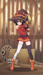 1girl bandaged_leg bandages belt black_belt black_gloves black_thighhighs brown_hair brown_hat brown_shoes dress fingerless_gloves full_body gloves hat highres indoors kono_subarashii_sekai_ni_shukufuku_wo! long_sleeves megumin nayt_layt red_dress red_eyes shoes short_dress short_hair smile solo thighhighs witch_hat