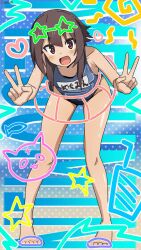 Rule 34 | 1girl, :d, artist name, bambi2000line, barefoot, bent over, blue one-piece swimsuit, blush, character name, commentary, double v, feet, full body, hands up, highres, kono subarashii sekai ni shukufuku wo!, looking at viewer, megumin, name tag, one-piece swimsuit, open mouth, purikura, red eyes, school swimsuit, short hair with long locks, smile, solo, swimsuit, thighs, toes, v