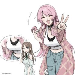 2girls bang_dream! bang_dream!_it&#039;s_mygo!!!!! blue_eyes breast_envy breasts brown_hair cellphone chihaya_anon closed_eyes clothing_cutout coat commentary dress fang highres holding holding_phone long_hair medium_breasts multiple_girls nagasaki_soyo nagomu_7_56 open_mouth phone pink_coat pink_hair short_sleeves shoulder_cutout sidelocks simple_background smartphone symbol-only_commentary tank_top teeth twirling_hair upper_teeth_only v white_background white_dress white_tank_top