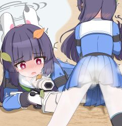 1girl absurdres blue_archive blush female_focus highres lmc_(pivix) long_hair miyu_(blue_archive) open_mouth panties pee pee_stain peeing pink_eyes purple_hair scope skirt solo stain steam thighhighs tongue trembling underwear wet wet_clothes wet_panties