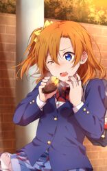 1girl bag blazer blue_eyes blue_jacket blush bow brick_wall day eating food hair_between_eyes hair_bow hands_up highres holding holding_food jacket kosaka_honoka long_sleeves love_live! love_live!_school_idol_project medium_hair nose_blush one_eye_closed one_side_up ooda_karashi open_mouth orange_hair otonokizaka_school_uniform outdoors roasted_sweet_potato school_uniform shoulder_bag solo steam sweet_potato upper_body utility_pole wavy_mouth wince winter_uniform yellow_bow