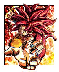 Rule 34 | 1boy, blue boots, body fur, boots, brown background, debris, dragon ball, dragon ball daima, electricity, highres, long hair, male focus, monkey tail, muscular, muscular male, orange pants, pants, red eyes, red fur, red hair, red tail, simple background, solo, son goku, spiked hair, super saiyan, super saiyan 4, tail, topless male, ushi (akabec0)