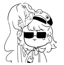 37_(reverse:1999) :| \n/ biting chibi closed_mouth daku_k hair_between_eyes hand_up hands_on_another&#039;s_head hat head_biting highres lineart long_hair neckerchief newsboy_cap regulus_(reverse:1999) reverse:1999 single_tear sunglasses very_long_hair white_background