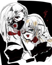 2girls alternate_costume blue_eyes eyepatch fangs flower goddess_of_victory:_nikke guillotine_(nikke) leash long_hair maiden_(nikke) mask multiple_girls open_mouth red_eyes rose sketch tu_pa_pa_pa