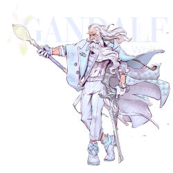 1boy absurdres adapted_costume ankle_boots artist_name beard boots brahim_bensehoul cane character_name coat dual_wielding facial_hair full_body gandalf gloves highres holding holding_staff jacket jacket_on_shoulders jewelry long_beard long_hair male_focus muscular muscular_male old old_man pants pendant ring shirt sleeves_pushed_up solo staff the_lord_of_the_rings the_one_ring tolkien&#039;s_legendarium very_long_beard watch white_background white_boots white_coat white_gloves white_hair white_pants white_shirt wizard wrinkled_skin wristwatch