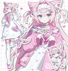 1girl ame_ame animal_ears aqua_eyes belt belt_collar bow buttons chibi closed_mouth collar commission dress english_text full_body heart heart_button highres jacket long_hair multiple_views original pink_belt pink_bow pink_hair pink_jacket pink_ribbon pink_sailor_collar pink_shoes ribbon sailor_collar shoes smile solo standing standing_on_one_leg thighhighs upper_body watermark white_dress white_thighhighs