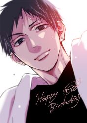 Rule 34 | black hair, black shirt, close-up, copyright notice, earrings, grey eyes, happy birthday, highres, jewelry, kono oto tomare!, light smile, looking at viewer, male focus, official art, shirt, signature, sweat, sweatdrop, takaoka tetsuki, towel, white background