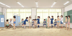 1boy 6+boys 6+girls blue_shorts classroom curtains doctor gym_uniform highres indoors kiyo_(kyokyo1220) male_underwear medical_examination multiple_boys multiple_girls no_shoes original shorts socks stadiometer standing stethoscope tape_measure teacher underwear weighing_scale white_socks