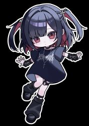 Rule 34 | 1girl, absurdres, black background, black hair, black leg warmers, black shirt, bottomless, chibi, commentary request, cross hair ornament, detached sleeves, full body, gradient eyes, hair intakes, hair ornament, highres, leg warmers, looking at viewer, multicolored eyes, multicolored hair, original, outline, oversized clothes, oversized shirt, shirt, sleeves past wrists, solo, squallea, standing, standing on one leg, streaked hair, white outline