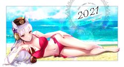 1girl 2021 animal_ears bikini commentary_request english_text gold_ship_(umamusume) grey_hair hatori_(luv82n) highres horse_ears horse_girl lying nail_polish navel on_side red_bikini red_eyes red_nails solo swimsuit umamusume