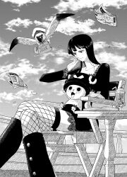 1boy 1girl age_difference antlers bird black_hair blunt_bangs book chair cloud drinking_straw fishnet_thighhighs fishnets folding_chair glass highres monochrome newspaper nico_robin nico_robin_(thriller_bark) one_piece open_book open_mouth reindeer reindeer_antlers seagull sitting sitting_on_lap sitting_on_person smile sti77777 thighhighs tony_tony_chopper