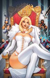 2girls 5boys black_boots blonde_hair blue_eyes blue_gloves boots breasts cape claws cleavage comic_cover corset david_nakayama elbow_gloves electricity emma_frost gloves highres initial large_breasts marvel multiple_boys multiple_girls official_art panties sitting solo_focus storm_(x-men) textless_version thigh_boots throne underwear white_boots white_cape white_corset white_gloves white_hair white_panties wolverine_(x-men) x-men