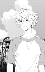 1boy closed_mouth field flower flower_field greyscale highres honosuke_(tns4b) light_smile looking_up male_focus monochrome mutou_tooru outdoors raglan_sleeves shiki_(novel) shirt short_hair short_sleeves sky solo sunflower sunflower_field upper_body