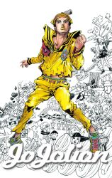 3girls 4others 5boys aircraft araki_hirohiko belt bicycle blue_belt compass_rose dixie_cup_hat green_eyes green_shoes hat higashikata_daiya higashikata_jobin higashikata_joshu higashikata_josuke_(jojolion) higashikata_norisuke_iv higashikata_tsurugi highres hirose_yasuho house jigsaw_puzzle jojo_no_kimyou_na_bouken jojo_pose jojolion king_nothing long_sleeves military_hat multiple_boys multiple_girls multiple_others non-web_source official_art paisley_park_(stand) pants paper_moon_king puzzle rhinoceros_beetle riding riding_bicycle sailor sailor_collar sailor_hat shirt shoes sketch skirt sneakers soft_&amp;_wet stand_(jojo) traditional_media yellow_hat yellow_lips yellow_pants yellow_sailor_collar yellow_shirt