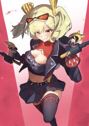 1girl absurdres black_jacket black_skirt blonde_hair burnice_white crop_top feet_out_of_frame flamethrower grin highres jacket leg_up looking_at_viewer midriff miniskirt red_eyes skirt smile solo strapless thick_thighs thighhighs thighs tora_(kumo_sakamoto) tube_top twintails weapon zenless_zone_zero zettai_ryouiki
