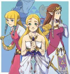 5girls androgynous aqua_background artist_request bandages bare_arms bare_shoulders blonde_hair blue_eyes blunt_bangs bracelet braid brown_hair closed_mouth collarbone dark-skinned_female dark_skin dirty dirty_clothes dress earrings elbow_gloves elf female_focus gloves green_eyes harp hat holding holding_sword holding_weapon instrument jewelry long_hair long_sleeves looking_at_viewer looking_away mask master_sword multiple_girls multiple_persona neck neckerchief necklace nintendo pink_dress pointy_ears princess_zelda purple_dress sheik short_hair shoulder_pads smile straight_hair strapless strapless_dress sword tetra the_legend_of_zelda the_legend_of_zelda:_breath_of_the_wild the_legend_of_zelda:_ocarina_of_time the_legend_of_zelda:_skyward_sword the_legend_of_zelda:_the_wind_waker the_legend_of_zelda:_twilight_princess tiara triforce weapon white_dress white_gloves