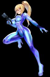 1girl black_background blonde_hair blue_bodysuit blue_eyes bodysuit breasts closed_mouth full_body gun hand_up handgun high_heels high_ponytail highres holding holding_gun holding_weapon knee_up large_breasts long_hair looking_at_viewer metroid nintendo outstretched_arm plasma_pistol ponytail samus_aran simple_background skin_tight solo v-shaped_eyebrows very_long_hair volyz weapon zero_suit