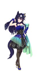 Rule 34 | 1girl, animal ears, asymmetrical clothes, bad link, black shoes, blue hair, blush, breasts, cleavage, dark blue hair, dress, earrings, full body, game model, hair between eyes, hair ornament, high heels, highres, horse ears, horse girl, horse tail, jewelry, long hair, looking at viewer, medium breasts, official art, open mouth, pantyhose, purple eyes, purple hair, shoes, single earring, skirt, smile, solo, standing, tachi-e, tail, transparent background, two-tone dress, umamusume, uniform, verxina (umamusume)