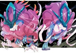 2others 45_(maruyaki45) absurdres black_background charging_forward claws closed_mouth colored_sclera dust_cloud full_body gen_2_pokemon highres legendary_pokemon letterboxed looking_at_viewer mane multiple_others multiple_tails nintendo no_humans outside_border pokemon pokemon_(creature) pokemon_focus purple_hair red_eyes signature suicune symmetrical_pose tail walking_wake yellow_sclera
