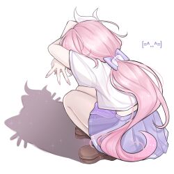 Rule 34 | 1girl, absurdres, alternate costume, brown shoes, cat shadow puppet (meme), commentary, elysia (honkai impact), emoji, english commentary, hair ornament, hair ribbon, highres, honkai (series), honkai impact 3rd, long hair, meme, pink hair, pleated skirt, purple skirt, ribbon, rosheil, shirt, shoes, simple background, skirt, solo, squatting, white background, white shirt