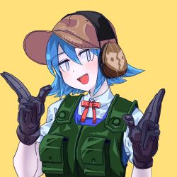 1girl absurdres baseball_cap black_gloves blue_dress blue_eyes blush bow bowtie brown_hat bulletproof_vest cirno cirno_(cookie) collared_shirt commentary_request cookie_(touhou) dress gloves hair_between_eyes hat headset highres looking_at_viewer open_mouth pinafore_dress psychic_parrot red_bow red_bowtie shirt short_hair simple_background sleeveless sleeveless_dress smile solo tactical_clothes touhou upper_body white_shirt yellow_background