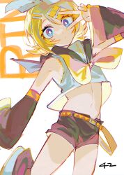 Rule 34 | 1girl, :/, arched back, artist name, bare shoulders, belt, belt buckle, black sailor collar, black sleeves, blue eyes, bow, bright pupils, buckle, character name, crop top, curious, detached sleeves, eyelashes, flat chest, hair bow, hair ornament, hairclip, kagamine rin, leg up, linea alba, looking at viewer, midriff, narrow waist, navel, neckerchief, orange belt, sailor collar, senzzang, shirt, short hair, short shorts, shorts, sleeveless, sleeveless shirt, solo, standing, standing on one leg, swept bangs, treble clef, two-tone belt, v, v over eye, vocaloid, white bow, white pupils, wide-eyed, wide sleeves, yellow belt, yellow nails, yellow neckerchief