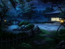 artist_request bridge cloud cobblestone dark forest game_cg garden light_rays magia_record:_mahou_shoujo_madoka_magica_gaiden mahou_shoujo_madoka_magica moonlight moss nature night night_sky no_humans official_art outdoors rock scenery shade shrine sky stone_lantern stream