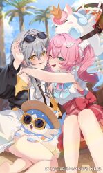 Rule 34 | 2girls, absurdres, alternate costume, aqua eyes, black jacket, blue sky, blurry, blurry background, bubbles (honkai: star rail), chimera (honkai: star rail), closed mouth, eyewear on head, grey hair, hair between eyes, highres, honkai: star rail, honkai (series), hyacine (honkai: star rail), imasaki kei, jacket, little ica (honkai: star rail), looking at viewer, medium hair, multiple girls, official alternate costume, one eye closed, open clothes, open jacket, outdoors, parted lips, pink hair, pink skirt, shirt, sitting, skirt, sky, smile, stelle (honkai: star rail), stelle (world tour 2023) (honkai: star rail), sunglasses, tongue, tongue out, trailblazer (honkai: star rail), twintails, white shirt, yellow eyes