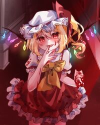 Rule 34 | absurdres, blonde hair, blood, blood on clothes, blood on face, blood on hands, bow, bowtie, crystal wings, flandre scarlet, frilled hat, frilled shirt collar, frilled skirt, frilled sleeves, frills, hallway, hand up, hat, hat ribbon, highres, licking, licking finger, long hair, mob cap, one side up, parted lips, puffy short sleeves, puffy sleeves, red carpet, red eyes, red ribbon, red skirt, red vest, ribbon, saaaarami, shirt, short sleeves, skirt, tongue, tongue out, touhou, vest, white hat, white shirt, yellow bow, yellow bowtie