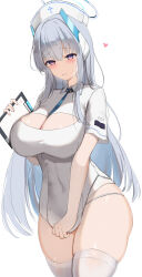 Rule 34 | 1girl, absurdres, between breasts, blue archive, blush, breasts, cleavage, cleavage cutout, clipboard, clothing cutout, collar, collared dress, colored inner hair, commentary request, dress, grey hair, hair between eyes, halo, hat, headgear, heart, highres, holding, holding clipboard, large breasts, long hair, looking ahead, mechanical halo, multicolored hair, noa (blue archive), nurse, nurse cap, panties, purple eyes, short sleeves, simple background, smile, socks, standing, string panties, thick thighs, thighhighs, thighs, underwear, usagi poi, very long hair, white background, white collar, white dress, white halo, white panties, white thighhighs