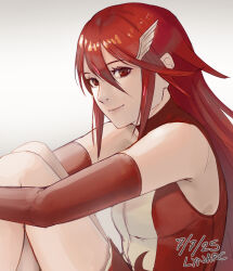 1girl artist_name cordelia_(fire_emblem) dated feather_hair_ornament feathers fire_emblem fire_emblem_awakening hair_between_eyes hair_ornament highres long_hair looking_at_viewer lynarc nintendo red_eyes red_hair sleeveless smile solo