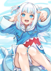 1girl absurdres blue_coat blue_eyes coat commentary feet_out_of_frame fins fish_tail gawr_gura gawr_gura_(1st_costume) hair_ornament hands_up highres hololive hololive_english long_hair looking_at_viewer open_mouth shark_girl shark_hair_ornament shark_tail sharp_teeth sitting smile solo tail teeth turn_zhuan two_side_up upper_teeth_only virtual_youtuber white_hair