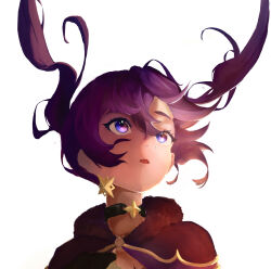 1girl absurdres black_cape black_choker cape choker commentary_request earrings floating_hair fur_collar genshin_impact hair_between_eyes highres jewelry karashi_mikan03 long_hair looking_up mona_(genshin_impact) open_mouth purple_cape purple_eyes purple_hair simple_background solo star_(symbol) star_earrings star_ornament twintails two-tone_cape upper_body white_background